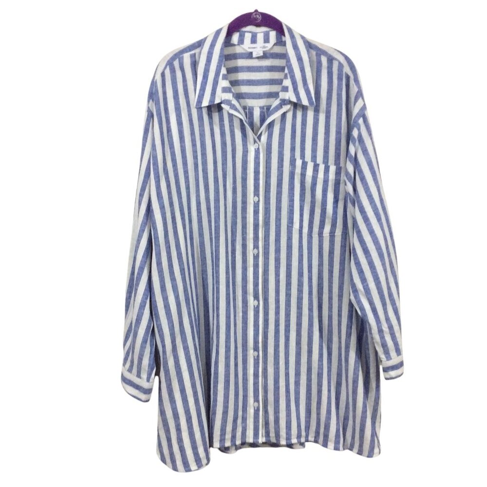 Old Navy Linen-Blend Blue White Striped Split Hem Casual Boyfriend Shirt WMNS 3X